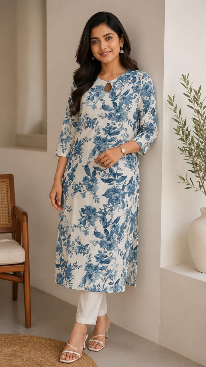 Premium Rayon Multi-tonal Blue Floral Print Kurti