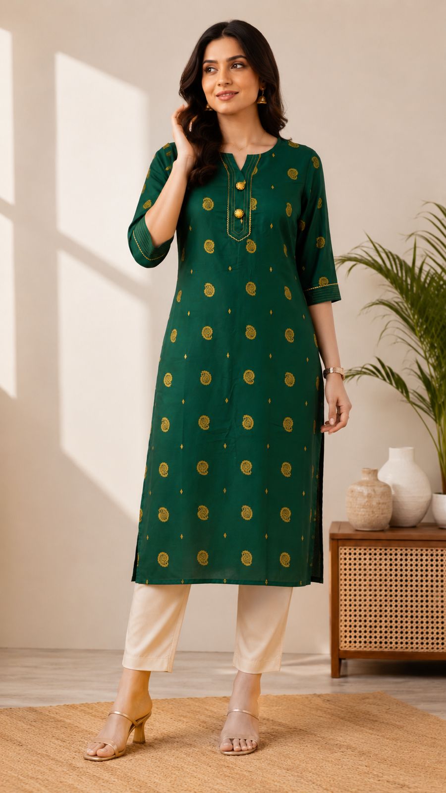 Bottle Green Paisley Printed Festive Kurti