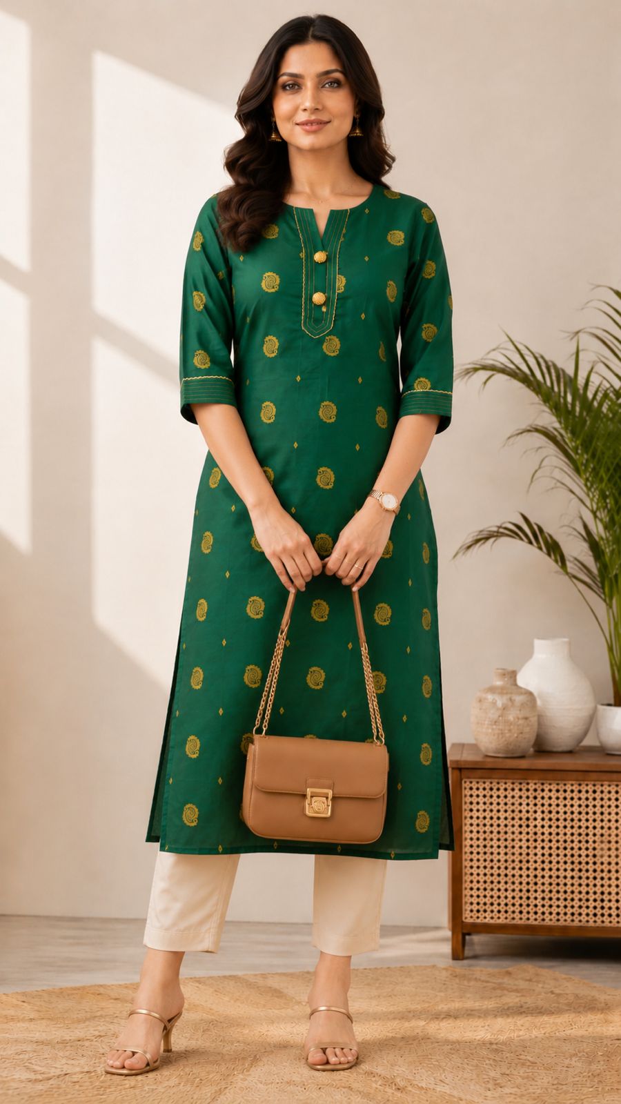 Bottle Green Paisley Printed Festive Kurti - Image 3
