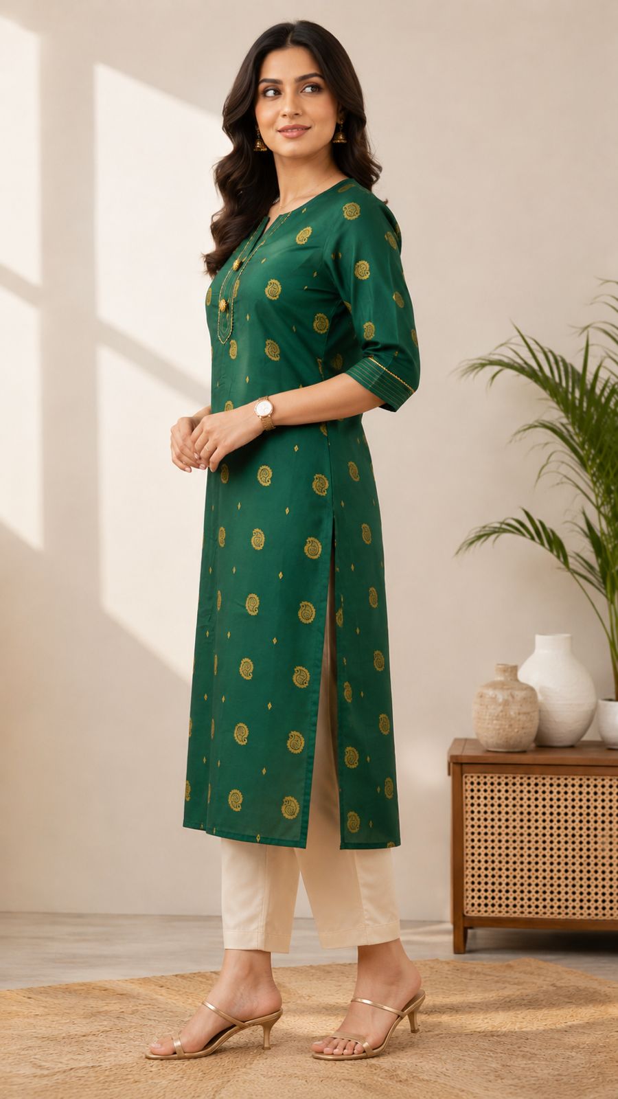 Bottle Green Paisley Printed Festive Kurti