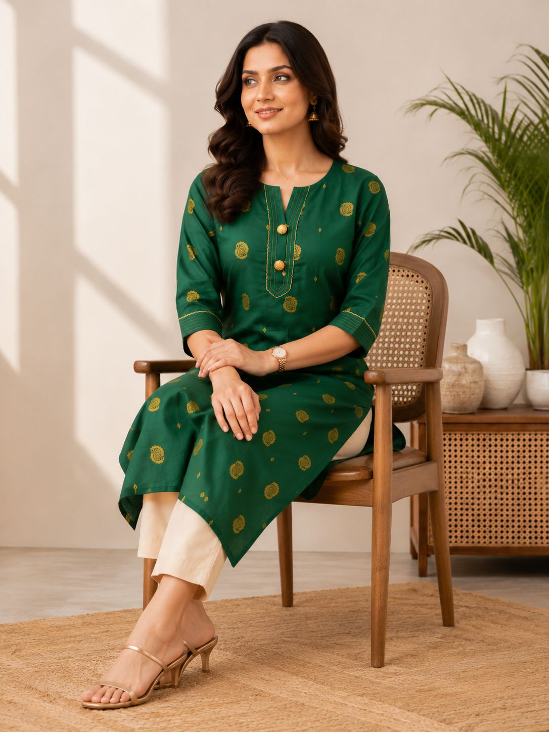 Bottle Green Paisley Printed Festive Kurti - Image 4