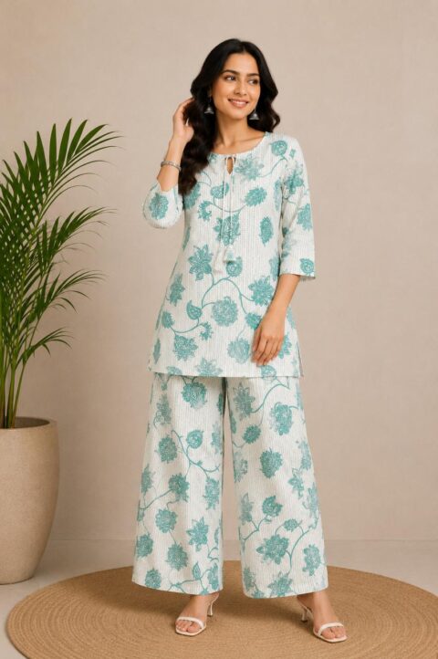 Classic White & Teal Breezy Blooms Cotton Drawstring Set