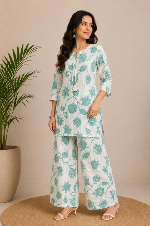 Classic White & Teal Breezy Blooms Cotton Drawstring Set