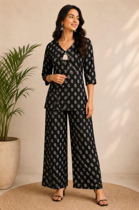 Chic & Comfy: Black Ikat Print Rayon Co-Ord Set