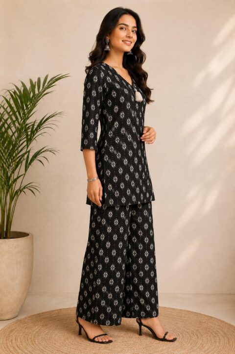 Chic & Comfy: Black Ikat Print Rayon Co-Ord Set