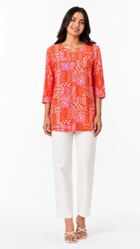 Radiant Coral Geometric Cotton Short Kurti