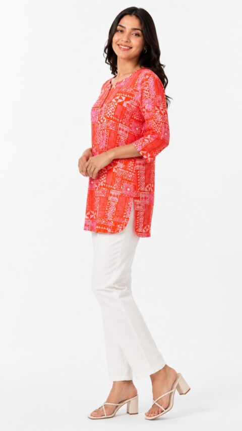 Radiant Coral Geometric Cotton Short Kurti