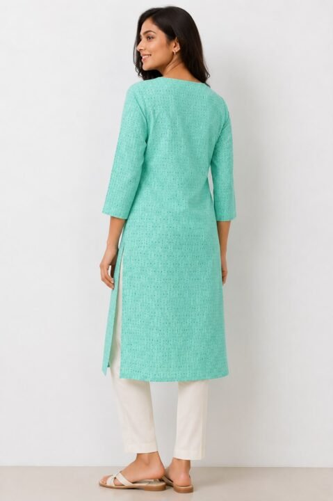 Mint Green Printed Cotton Straight Kurti with Keyhole Neck