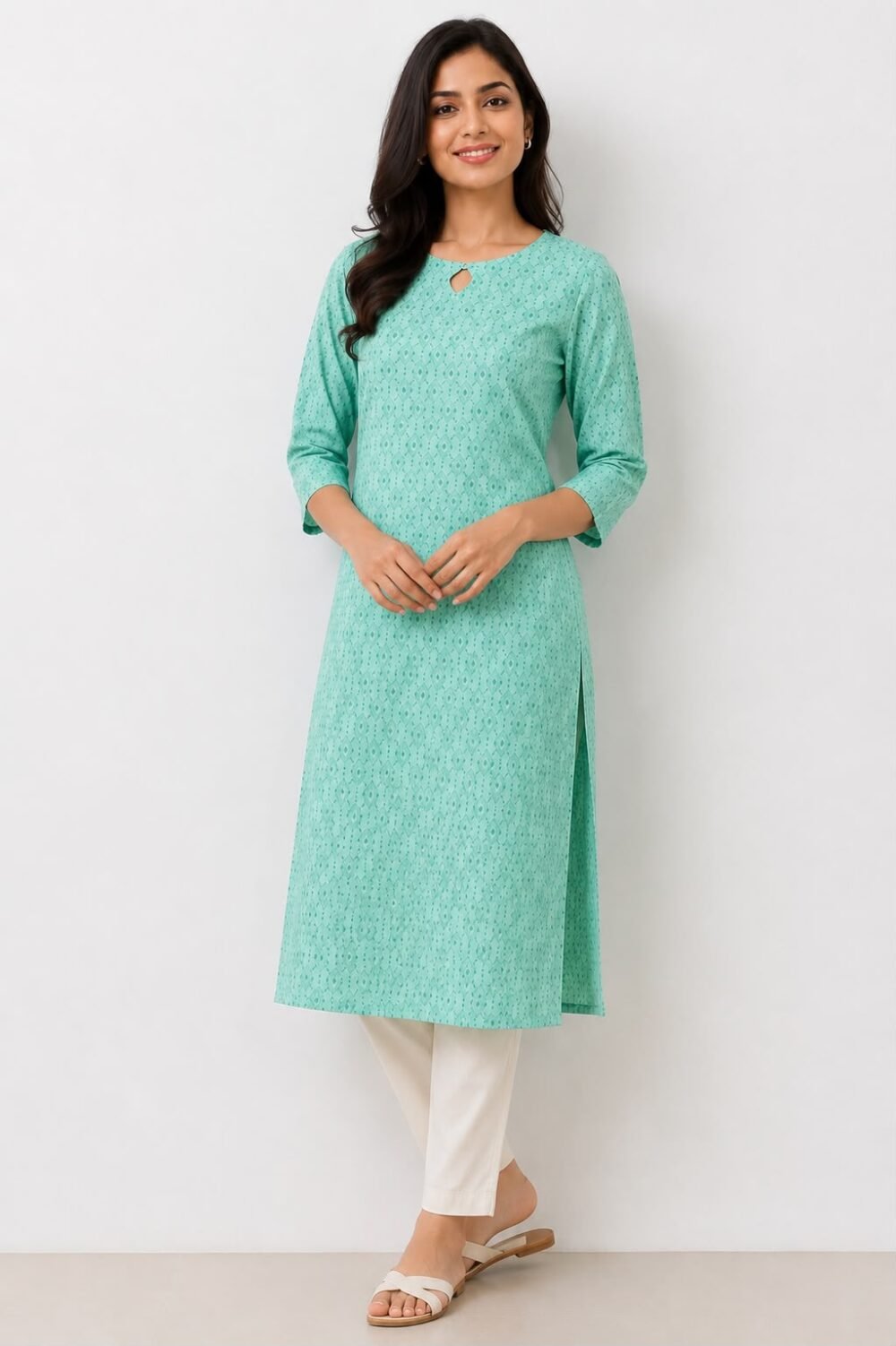 Mint Green Printed Cotton Straight Kurti with Keyhole Neck