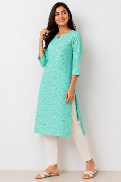Mint Green Printed Cotton Straight Kurti with Keyhole Neck - Image 4