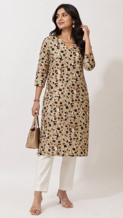 Earthy Floral Print Straight Kurti - Image 4