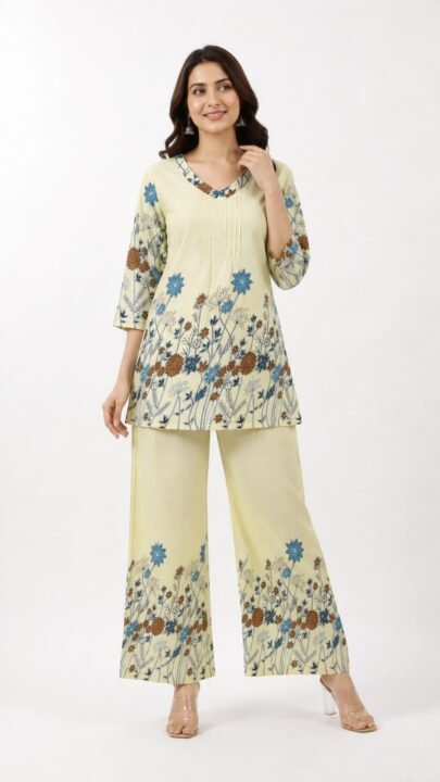 Elegant Pintuck Rayon Floral Co-ord Set ( 4 Colors )