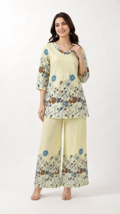 Elegant Pintuck Rayon Floral Co-ord Set ( 4 Colors )